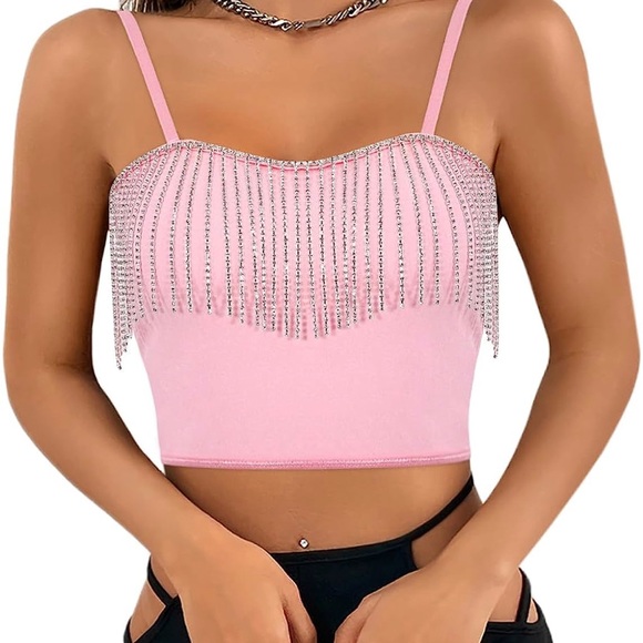 NWOT Pink rhinestone fringe crop top - Picture 1 of 4